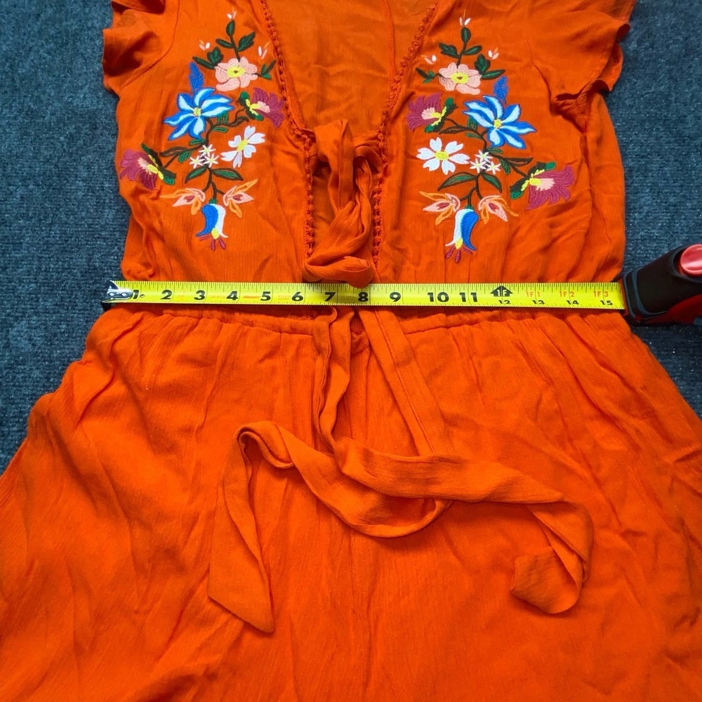 GB Gianni Bini Short Romper Womens Large Orange Floral Stitchwork Open Front Tie - Picture 4 of 6